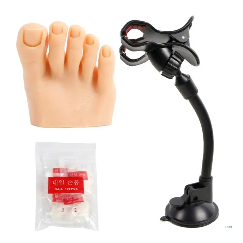 Flexible Soft Silicone Prosthetic Manicure Tool Practice Fake Foot Model with Fake Foot Holder for Nail Art Training