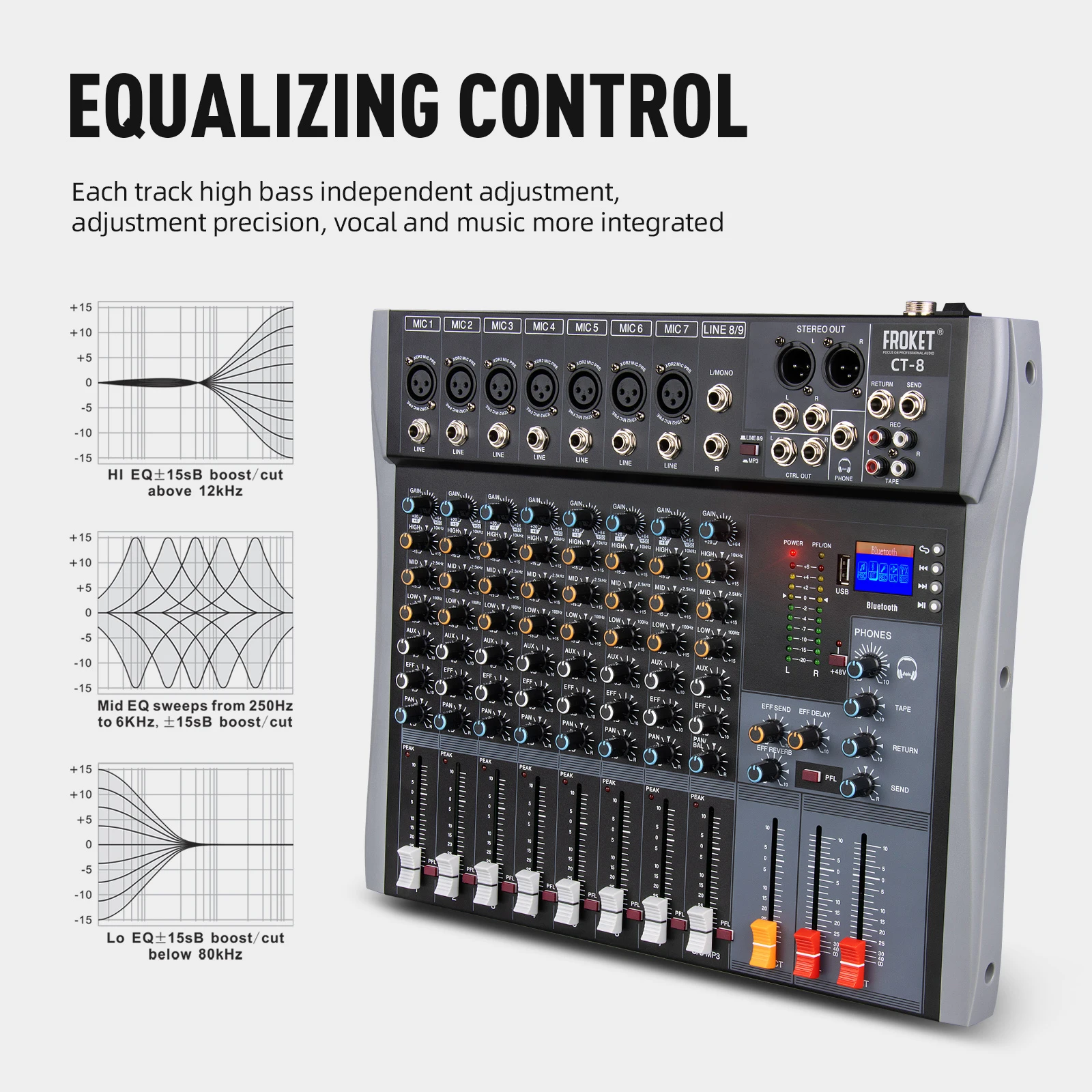 FROKET DJ Console Audio Mixer CT Series Mixing Consoles Bluetooth Connection Suitable For Recording Studios, Bars, Rehearsal