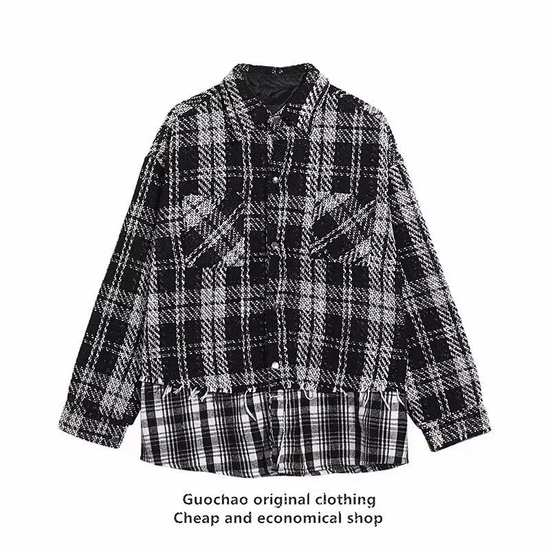 ルーズメンズチェック柄ジャケット Mr. Fu De スモールフレグランススタイル織り接ぎデザイントレンディコットンアウターウェア半袖シングルボタン