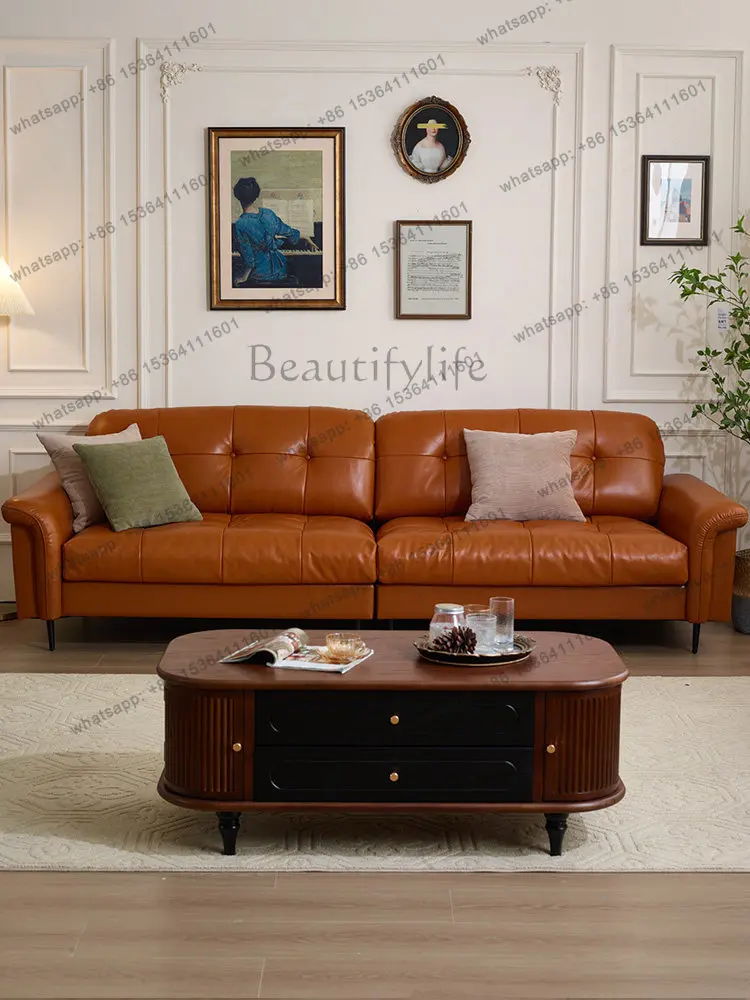 Leather living room light luxury black sofa first layer cowhide straight row antique sofa