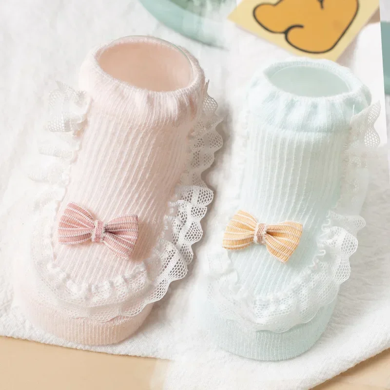 2Pairs Spring Summer Thin Cotton Newborn Infant Baby Girls Socks Toddler Children Cute Lace bow Short Stockings 0-3 Years Old