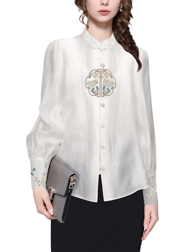 Vintage Embroidered Womens White Ruffled Shirt Long/Short Sleeve Loose-fitting Female Spring Summer Tops Work Casual Blouses