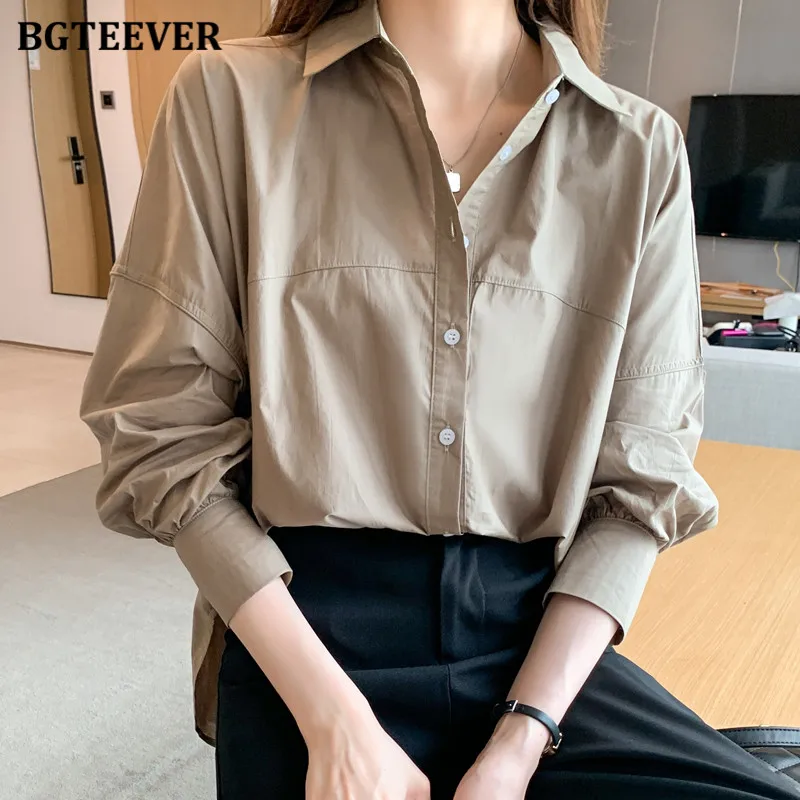 

BGTEEVER Stylish Loose Turn-down Collar Ladies Single-breasted Chiffon Blouses Elegant Long Sleeve Women Solid Shirts OL Blusas