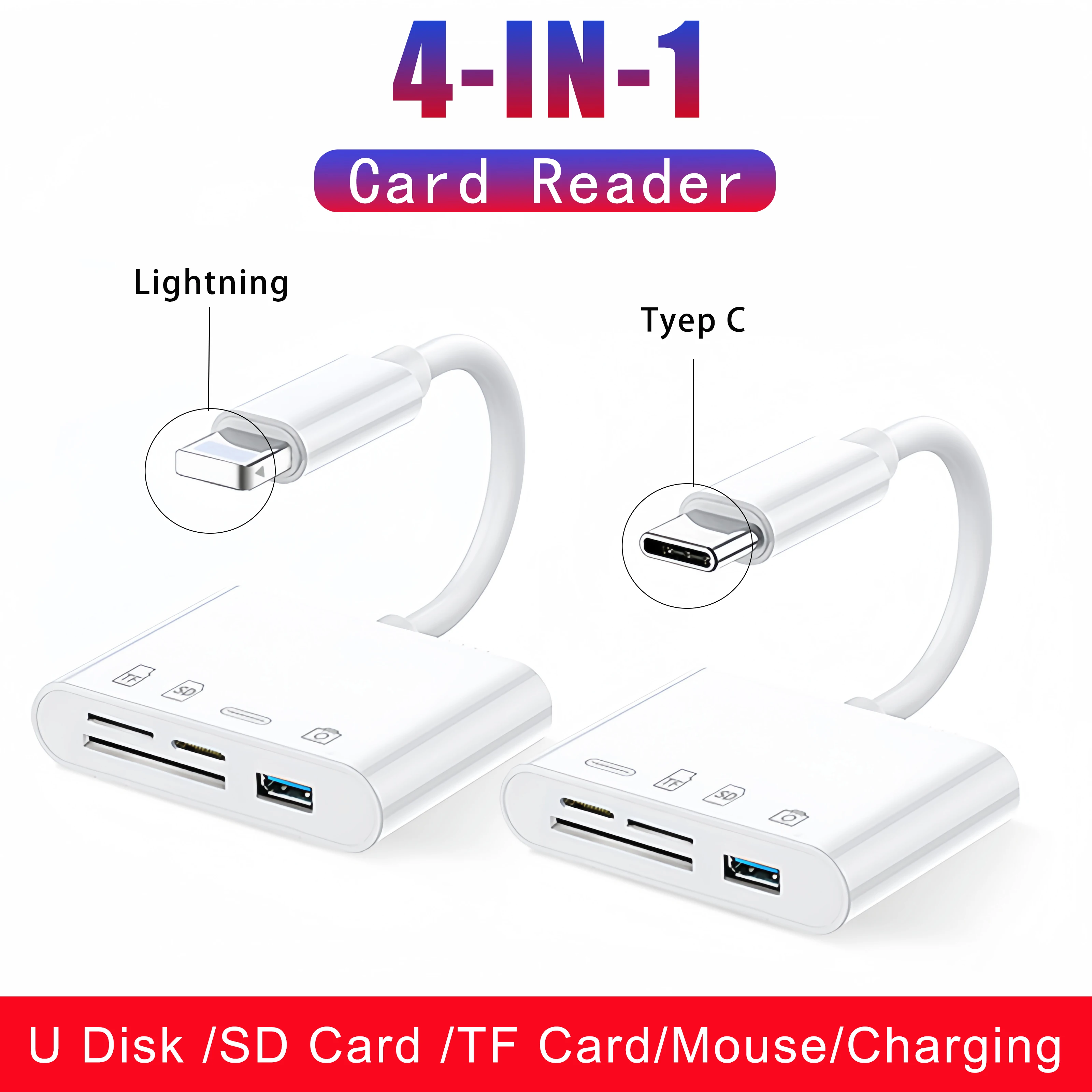 4 in 1 USB  OTG Card Reader Compatible SD/TF Card Camera Memory For iPhone 14 13 12 11 Pro Max Lightning  Fast Charging Port