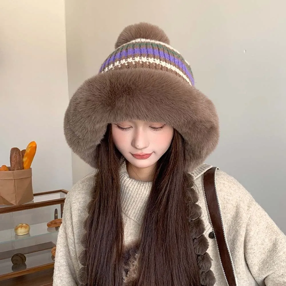 Fleece Lined Pompom Braids Hat Striped Knit Fur Brim Fleece Knit Beanie Windproof Soft Yarn Fur Trim Trapper Travel