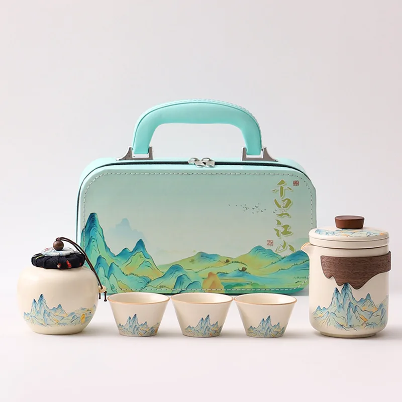 

Qianli Jiangshan Travel Tea Set Ceramic Kuaike Cup Outdoor Portable Kung Fu Tea Set Souvenir Business Gifts