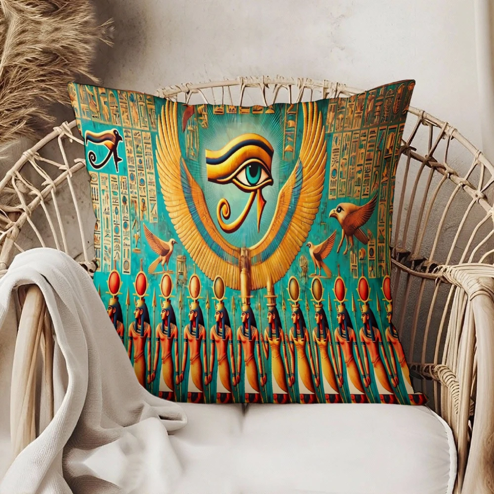 Square Throw Pillow Case Teal And Gold Egyptian Eye Of Horus Hieroglyphs Print Decorative Cushion Cover For Sofa Bedroom Living