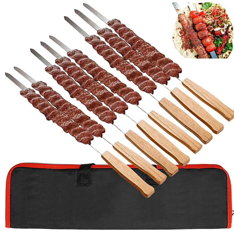 8 sztuk Kabab Koobideh szaszłyki 17 cali ze stali nierdzewnej grillowanie szaszłyk do grillowania szaszłyki do grillowania wielokrotnego użytku płaski kij z drewnianą rączką
