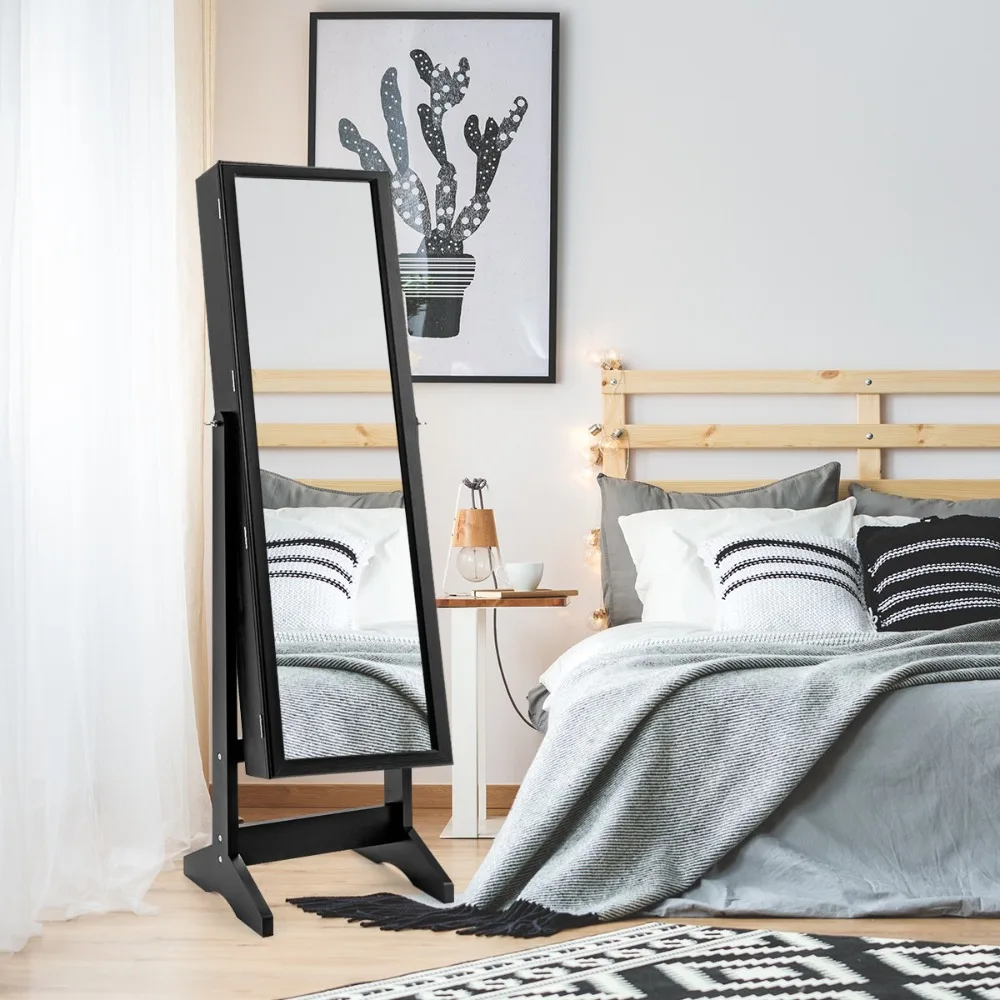 

Lockable Jewelry Cabinet Stand Mirror Armoire Organizer Large Storage Box Black