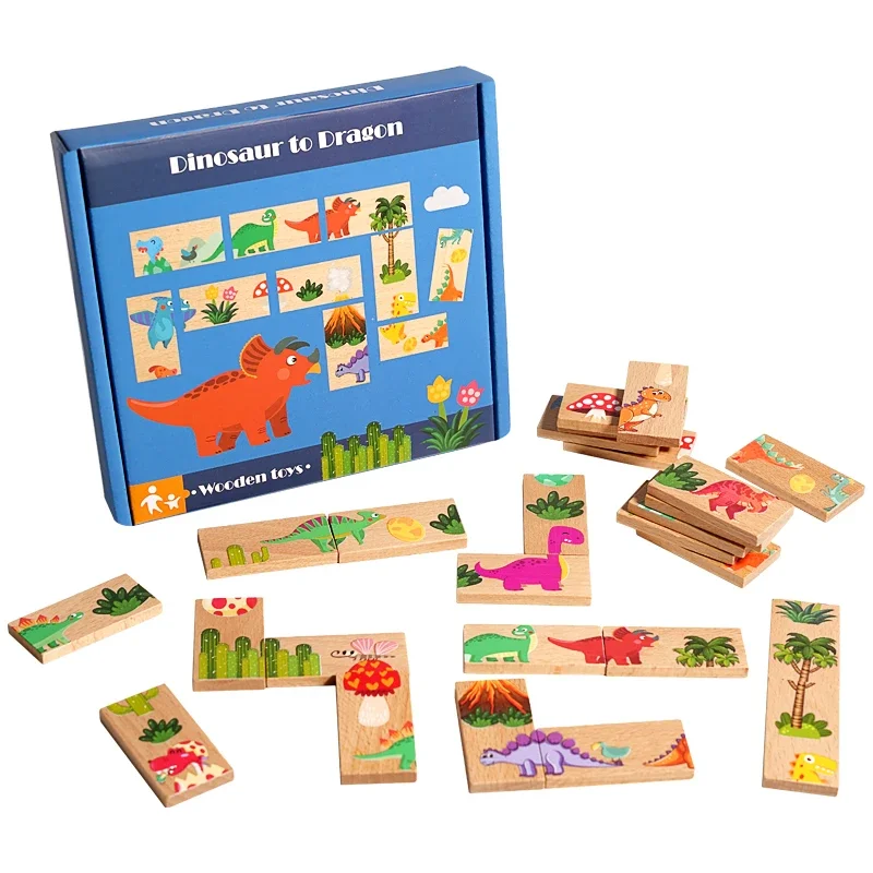 Wooden Domino Animal Dragon Matching  Animal Dragon Matching Graphic Toys Early Education