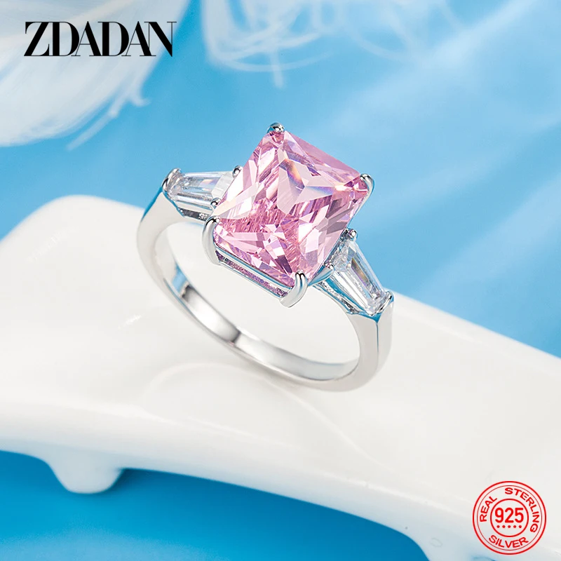 ZDADAN 925 Silver Square Pink Zircon Ring For Women Fashion Wedding Jewelry