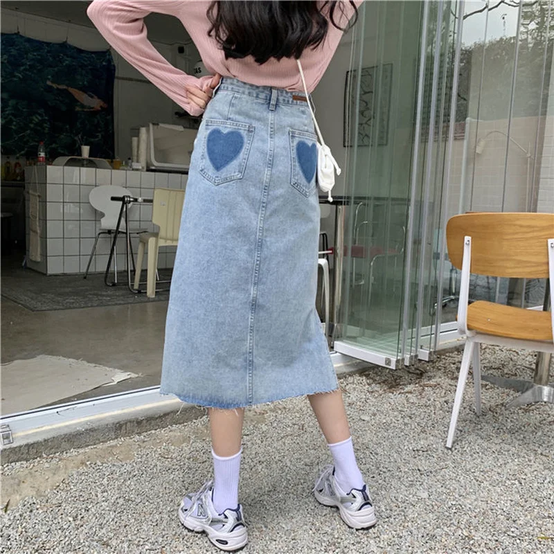 Women Denim Skirts Harajuku Midi Side-slit Heart Slim Retro Teenagers Fashion Popular S-4XL Buttocks High Quality Daily Chic Ins