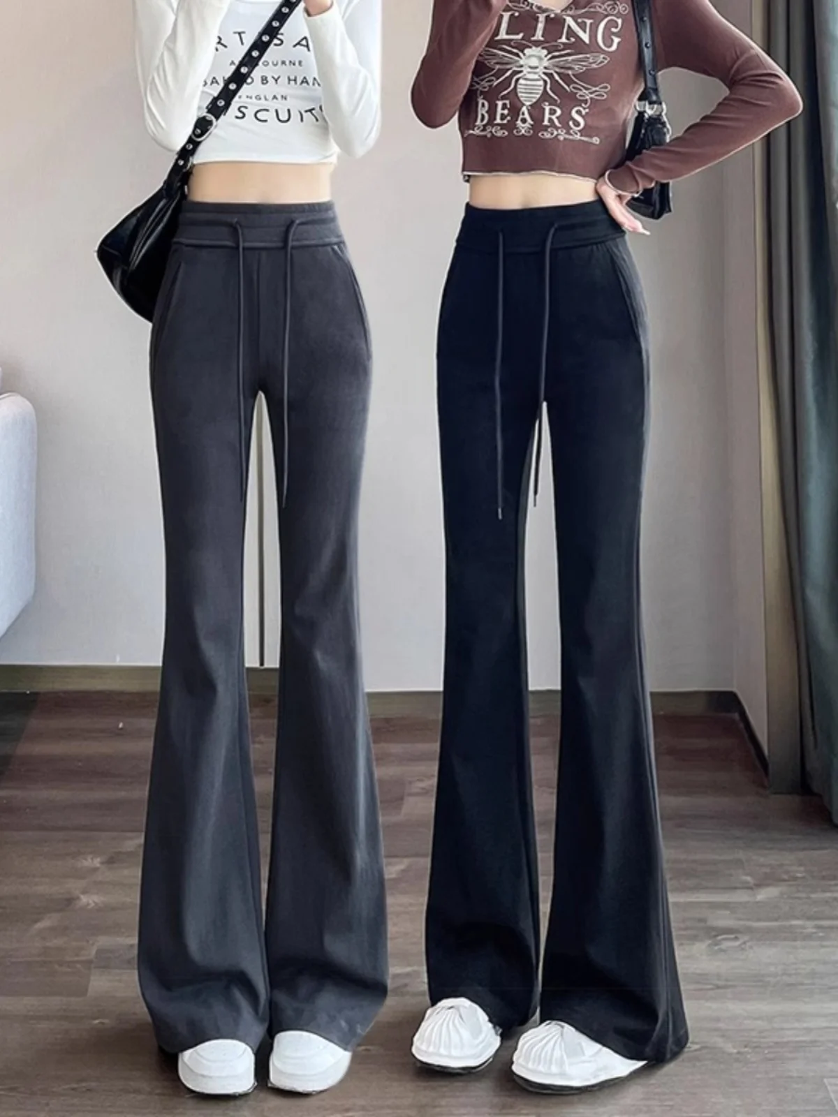 

Американские расклешенные брюки с высокой талией для женщин, осенние повседневные брюки-клеш, струящиеся спортивные брюки для отдыха