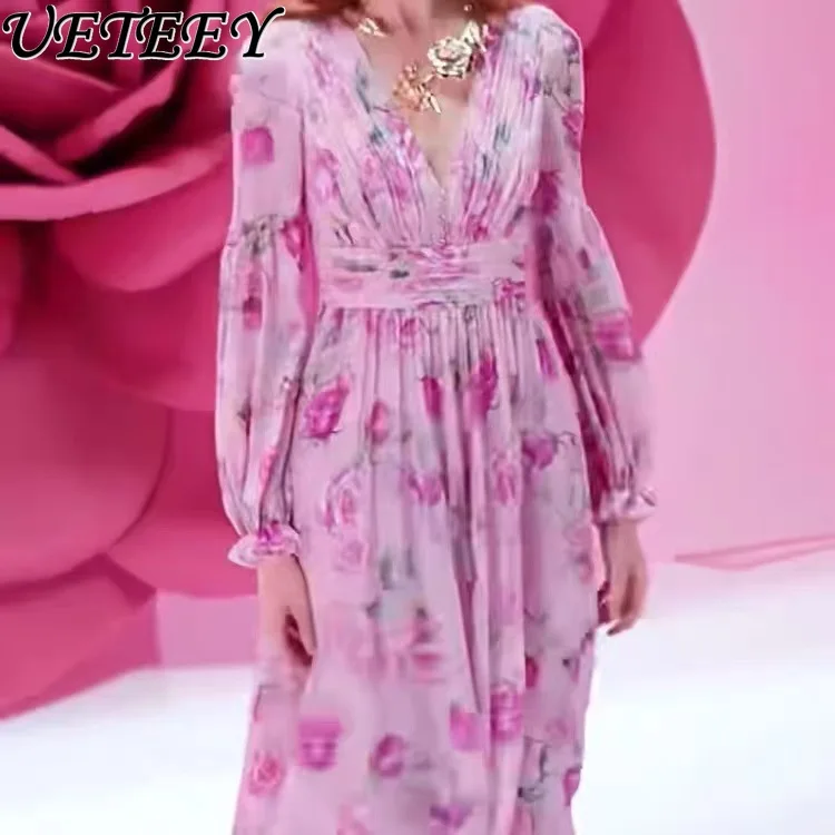 봄과 가을 새로운 프랑스 복고풍 V 넥 로즈 프린트 드레스 휴가 스타일 하이 웨이스트 슬림 긴 소매 플레어 롱 드레스