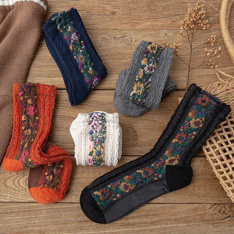 5 Pairs Women Socks Set New Retro Country Style Green Autumn Floret Soft Skin-friendly Breathable Korean Fashion Socks