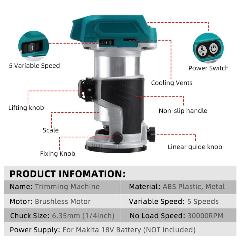 30000 RPM 5 Speeds Brushless Cordless Electric Hand Trimmer Inclined Socket Wood Router for 18V Lithium Battery