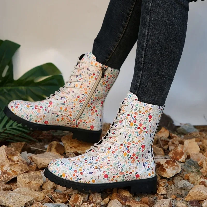 Female Short Boots Autumn New Fashion Ptinted Thick Bottom Ankle Boots Ladies Retro Flower Lace-up Booties Mujer 2024