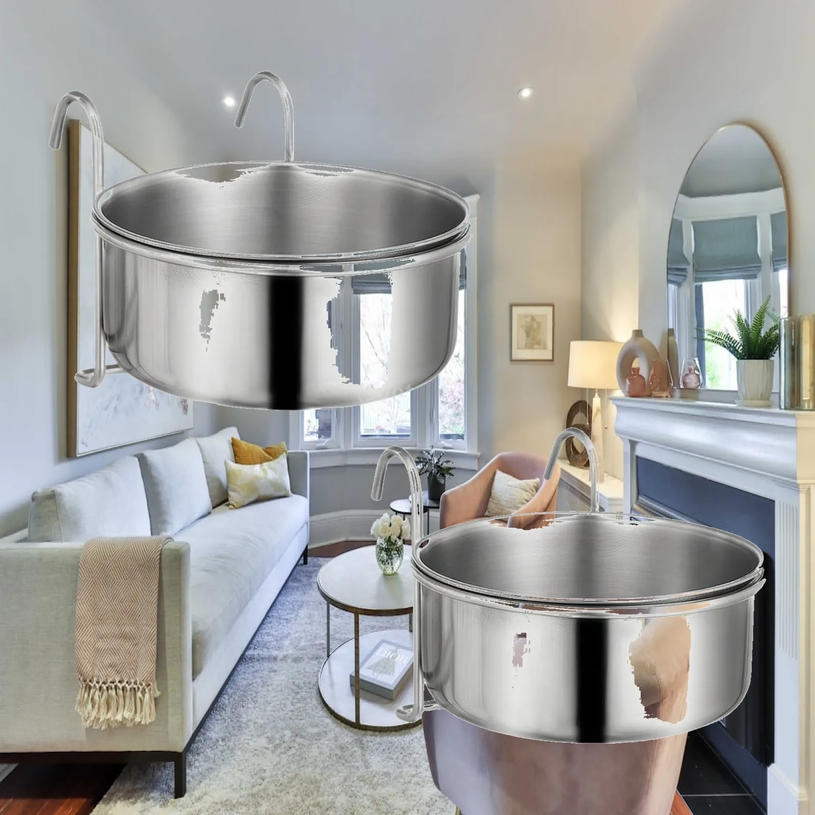 Industrial Bowl for Pets 2 Piece Stainless Steel Hanging Feeder with Hook Bracket for Cage Water and Food