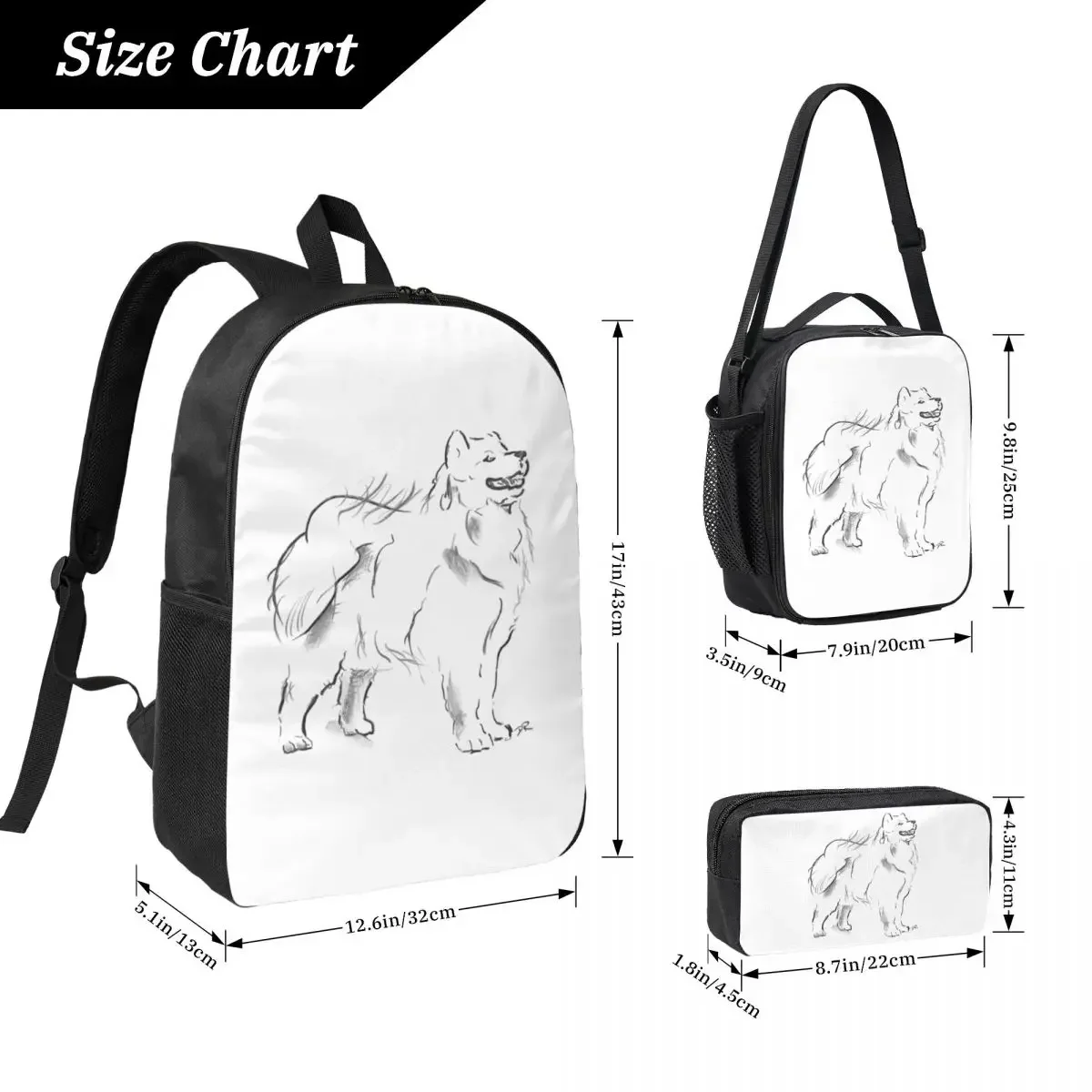 Samoyed Drawing Backpack Student Boys Girls BookBag School Bag Computer Shoulder Bags 3ps Insulated Lunch Bag Pencil Case