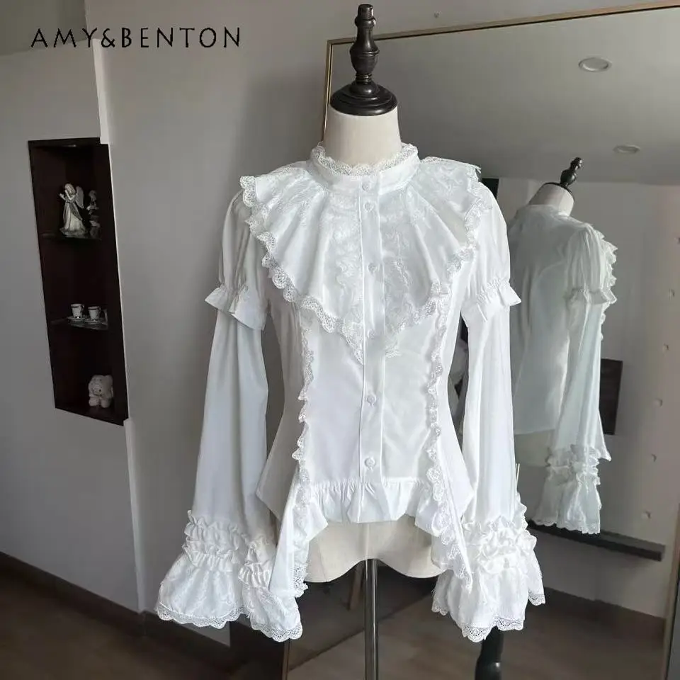 Original Gothic Punk Style Lolita Inner Shirt Japanese Subculture Anime Girl Round Neck Lace Patchwork Slim Fit Shirt for Women