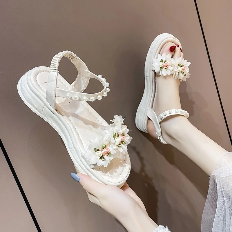 Sandals Women Summer New Fashion Women\'s Sandals 2022 Pearl Platform Shoes Sweet Flowers Casual Sandals Elastic Band Women Shoes