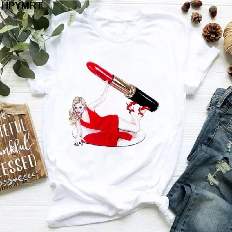 Lipstick Personality Print Fashion Sexy Lips T-shirt Women's Summer Short Sleeve Crewneck Base Shirt Graphic T Shirts  Harajuku