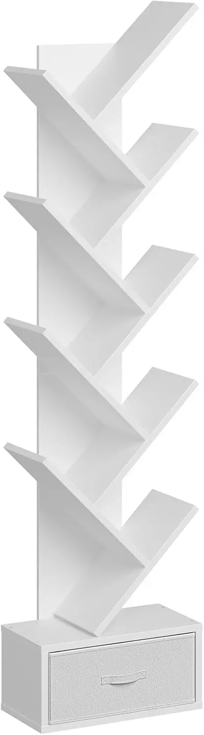 

Tree Bookshelf with Drawer, 9 Shelves for Books/CDs/Movies, Corner Storage Rack in White for Living Room/Bedroom