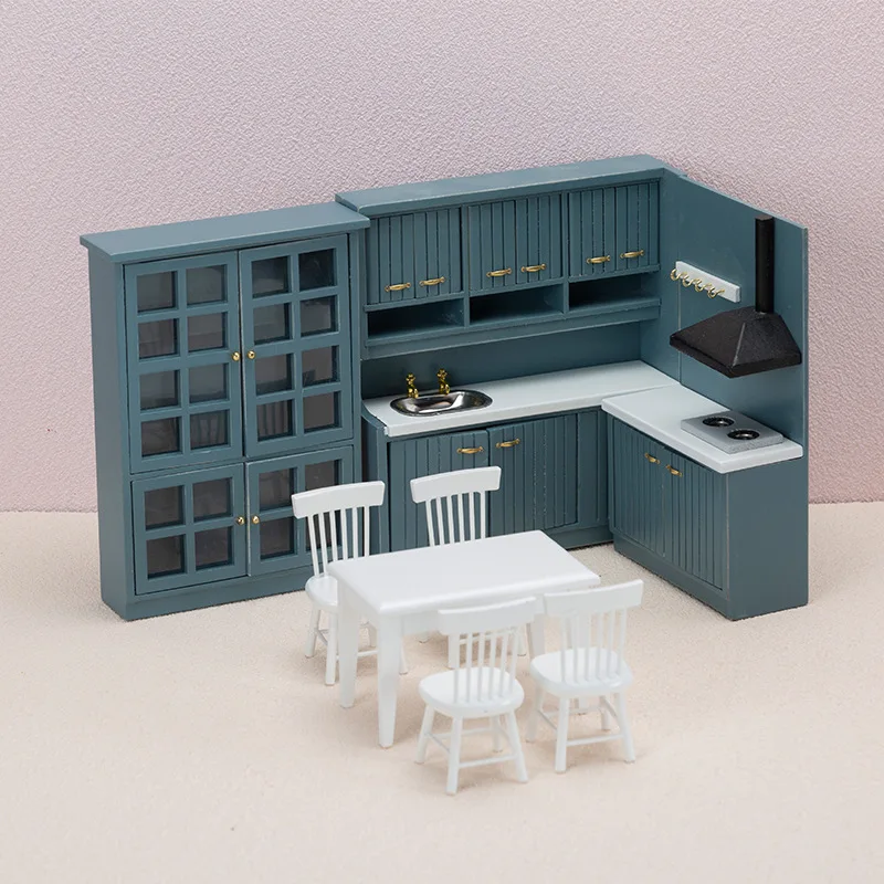 Dollhouse Mini Kitchen Cooking Table Dining Table Chairs Cabinet Set 1:12 Kitchen Scene Props Miniature Accessories Home Decor