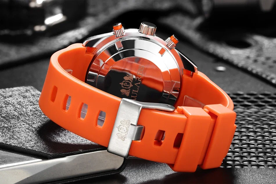 Men Automatic Self Wind Mechanical Rubber Strap Orange Blue Black Dial Rotatable Bezel Classic Watch