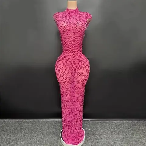 Sparkly Strass Mouwloze Stretchy Mesh See Through Lange Jurk Vrouwen Luxe Avond Prom Gown Zanger Danser Show Stadium Slijtage