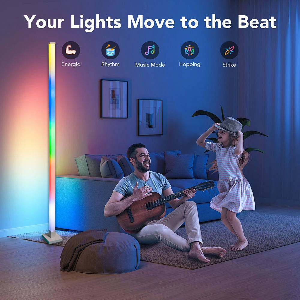 Wiscolor Lampu Lantai LED RGBIC Lampu Sudut Modern, dengan Sinkronisasi Musik, Mendukung Alexa/Google Home, untuk Dekorasi Ruang Bermain & Ruang Tamu