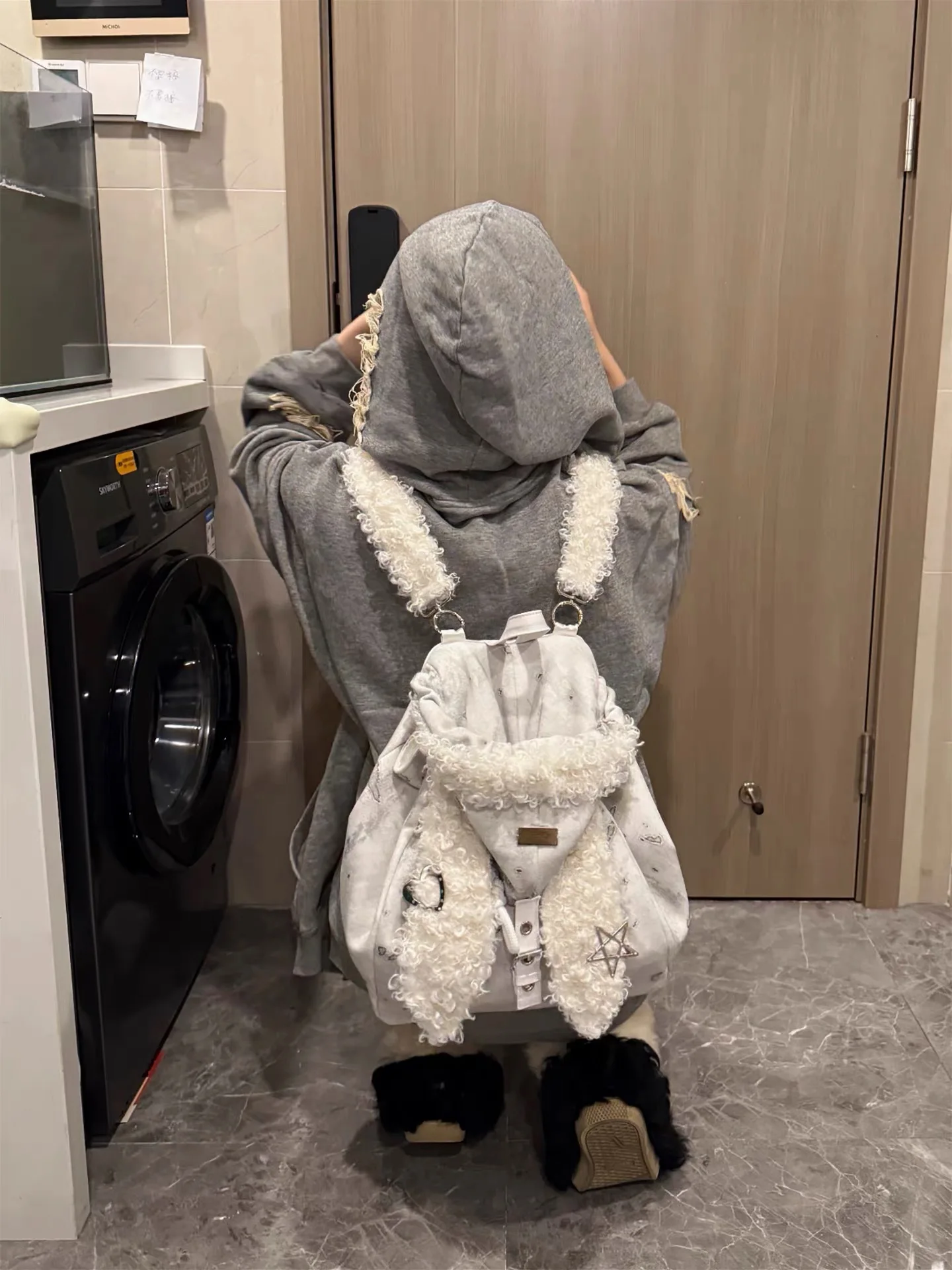 

Cute Plu Rabbit Ear Hat And Bapa Set Large Capaci Women's Faionable oulder Bag Trendy Commuter Bapa