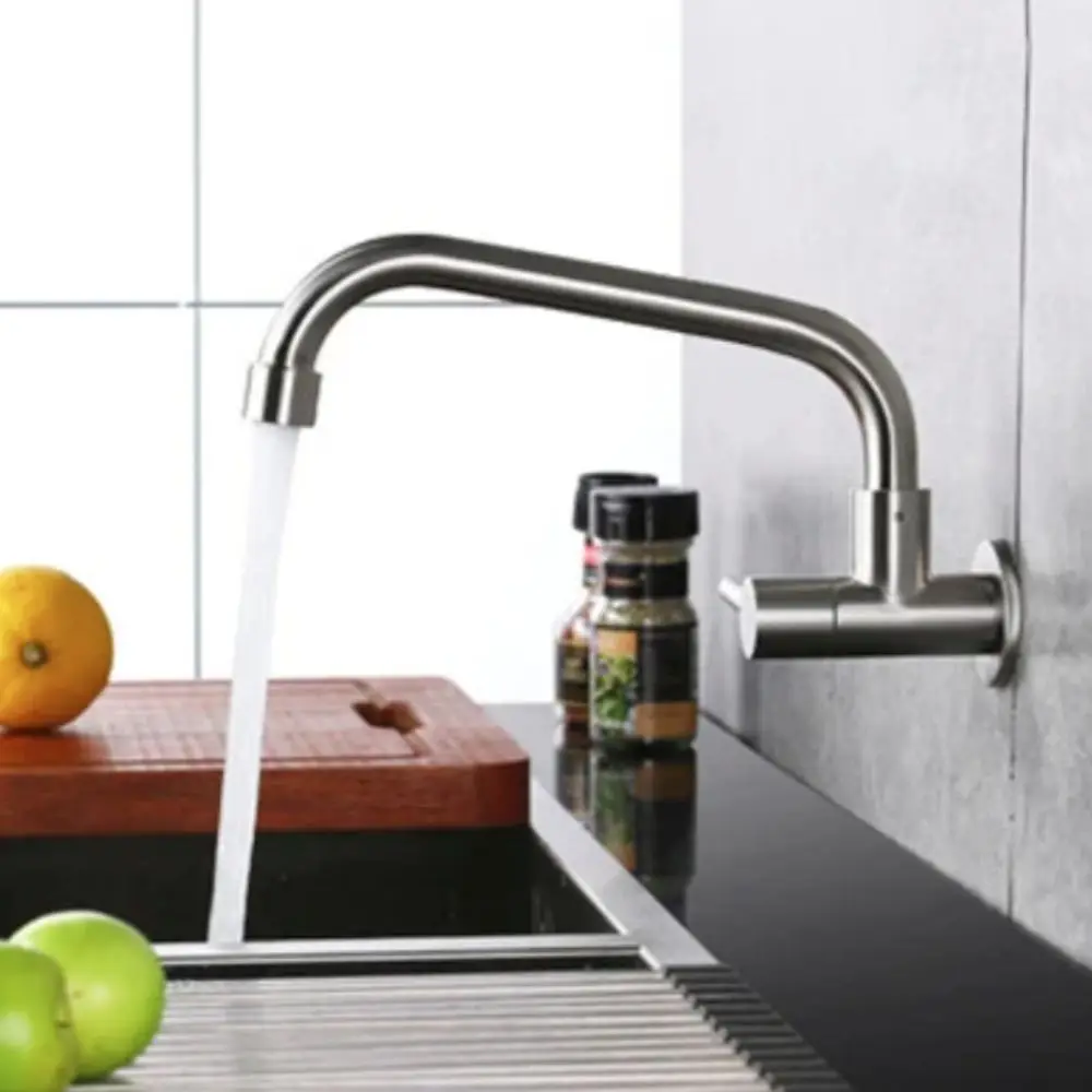

Настенный вращающийся кухонный смеситель из нержавеющей стали с изогнутым дизайном, кран для раковины, брызгозащищенный, горизонтальный