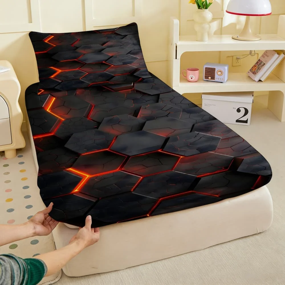 1pc 3D Lava Hexagon Print Fitted Sheet Deep Pocket Elastic Mattress Cover Single Double Queen King Bedroom Decor