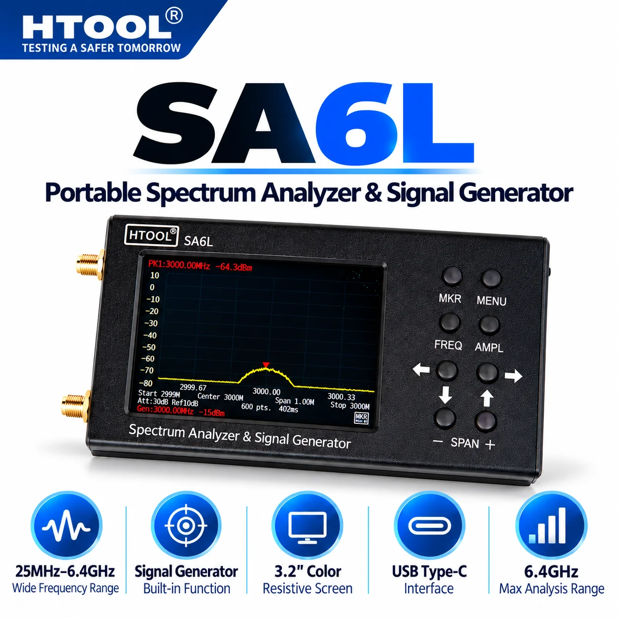 HTOOL SA6L 25MHz-6.4GHz Portable Spectrum Analyzer & Signal Generator, 3.2