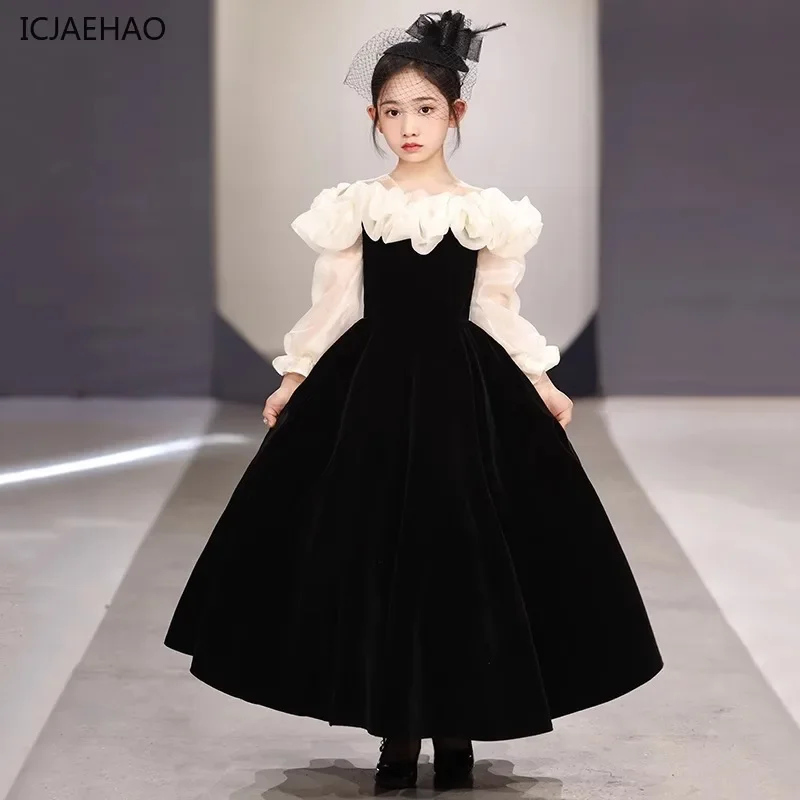 ICJAEHAO 2025 Girls Birthday Party Dresses Elegant Princess Children's Host Piano Performance Clothes Infant Kids Autumn Costume