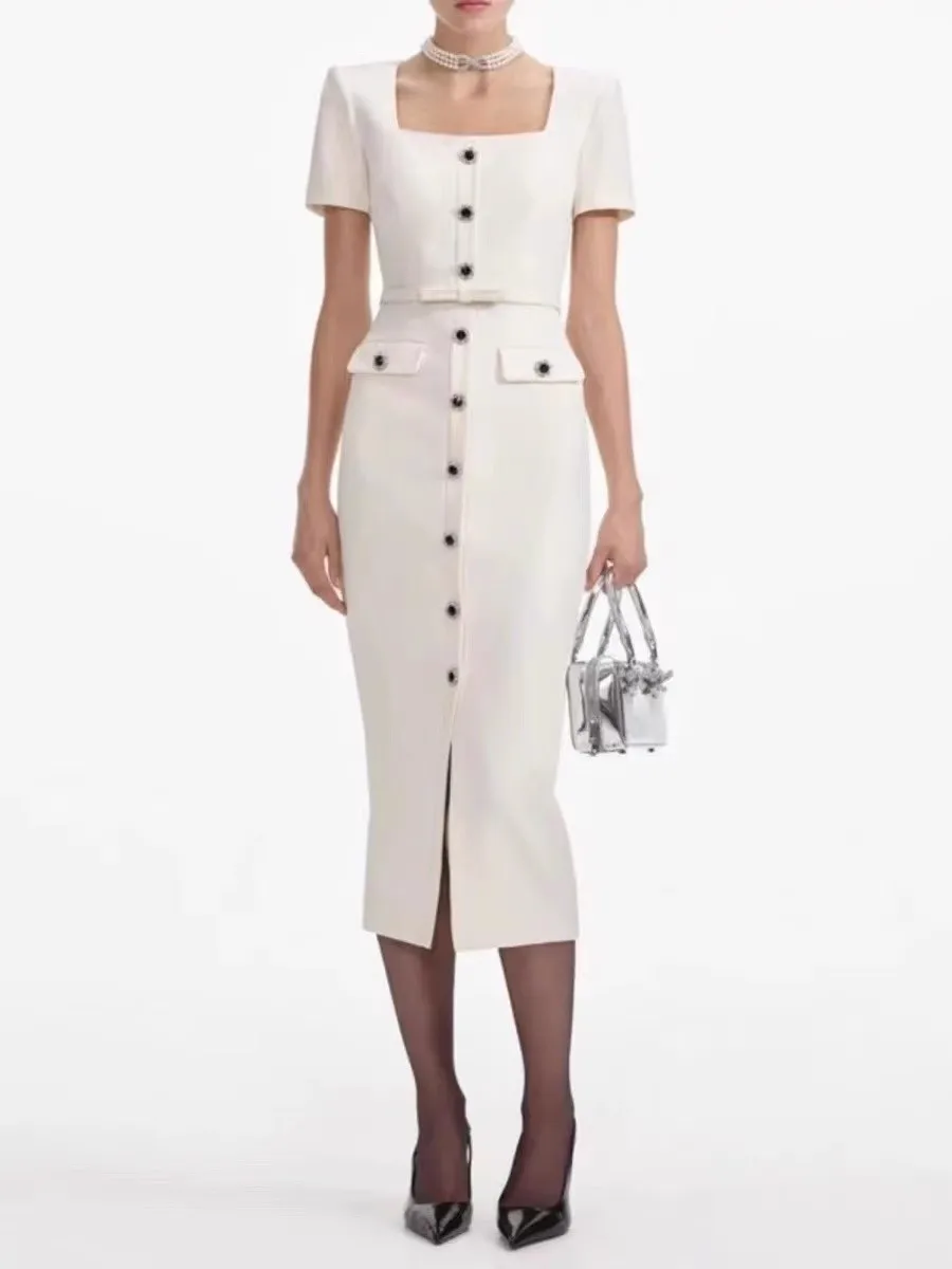 

Beige Square Collar Elegant Dress Women with Sashes Summer Streetwear Chic Clothing Lady Runway Design Vestidos Bodycon