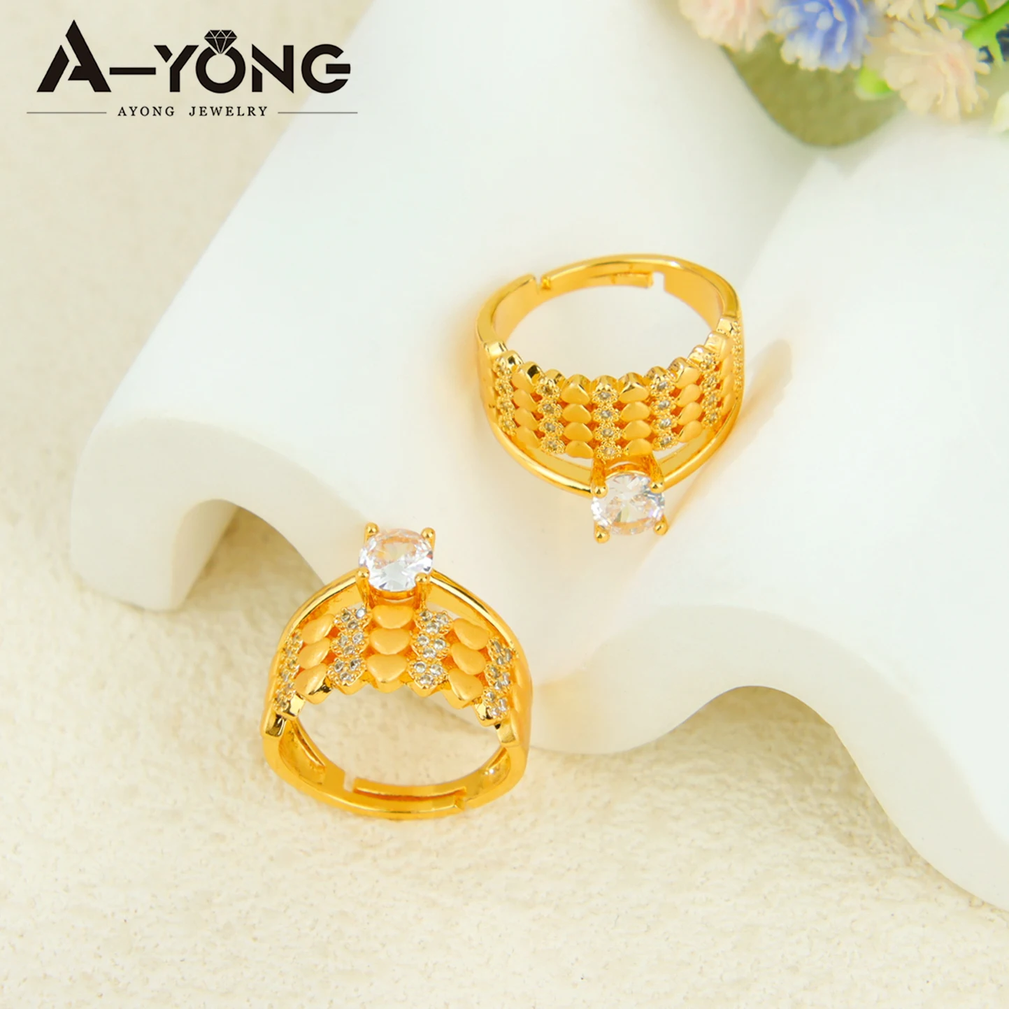 Dubai Mode Kubische Zirkonia Ringe 21k Vergoldet Arabische Braut Hochzeit Luxuriöse Paarringe Nigeria Damen Party Schmuck – Detail 5
