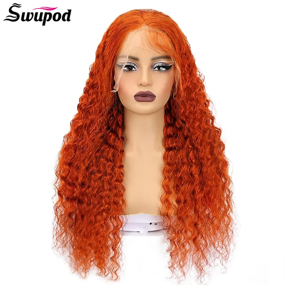 Swupod 13x4 13x6 220% Density Transparent HD Lace Front Wig for Women Deep Wave Remy Human Hair Ginger Orange 350# Loose Curly