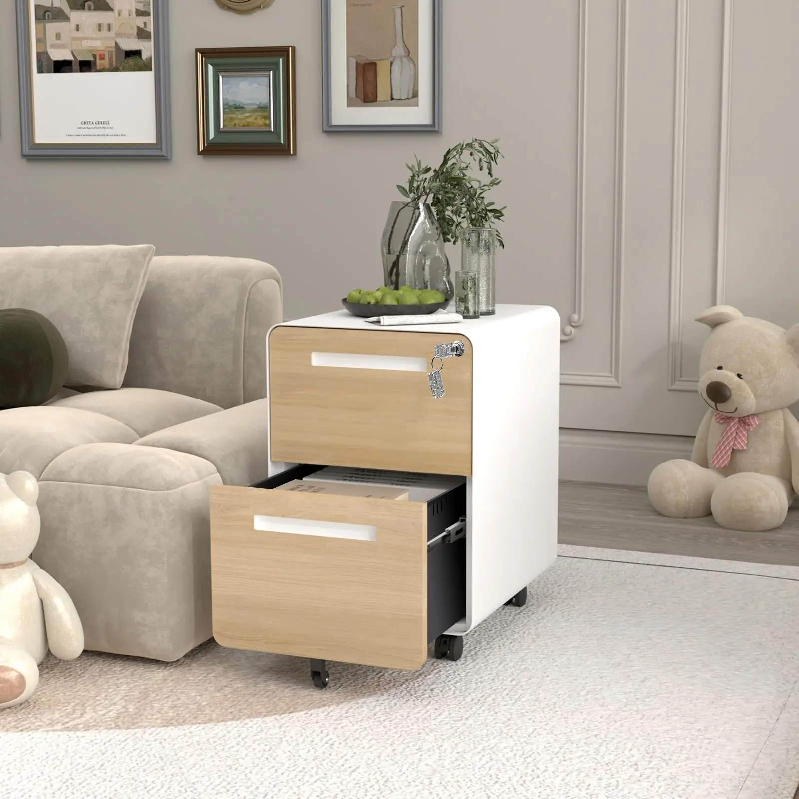 2 Drawer Mobile File Cabinet With Lock, Rolling Metal Under Desk Filing Cabinet For Letter Legal A4, Fully Assembled
