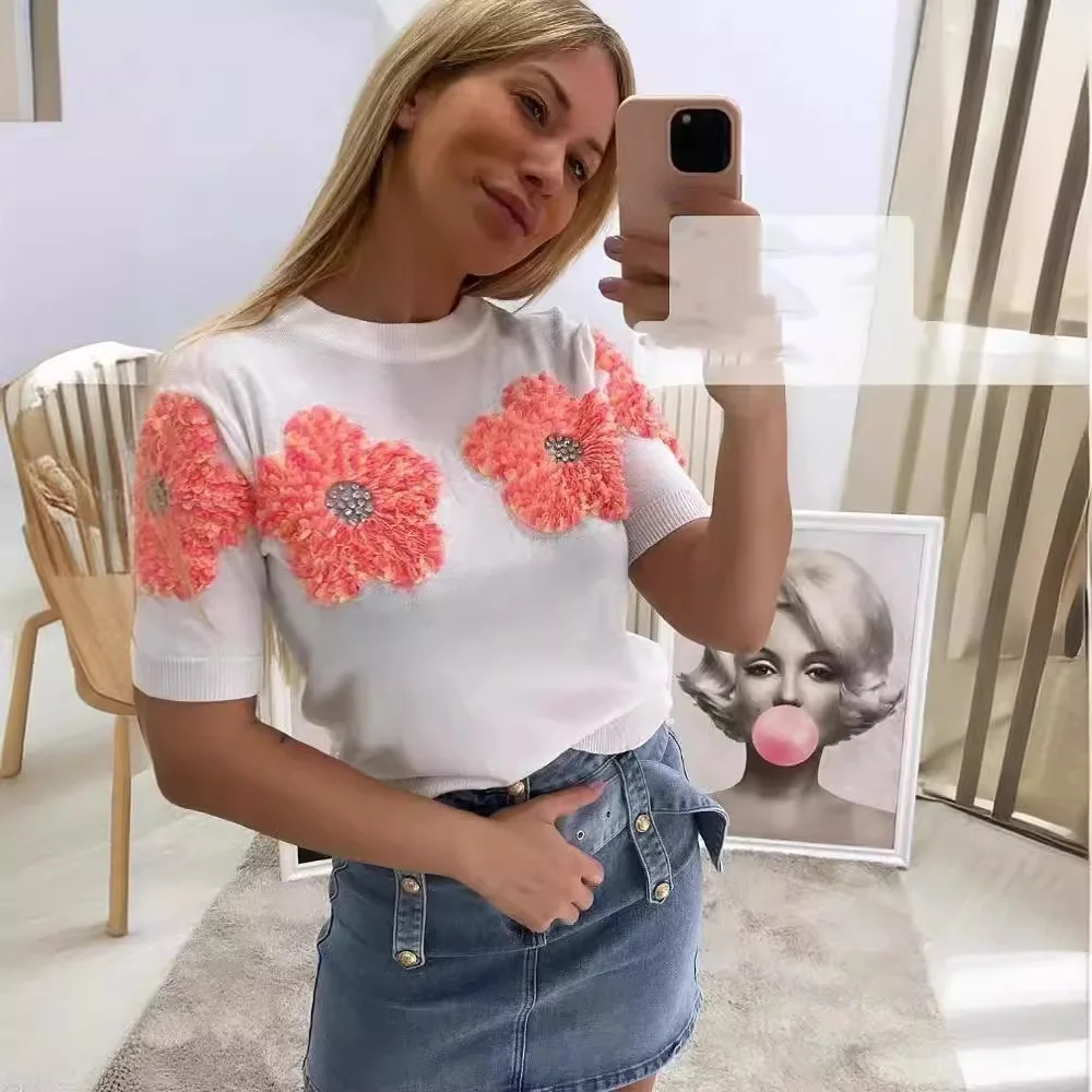 

Women Knitted Top Pullover Shirt Short Sleeve O-neck Contrast flowers sweater Spring Summer women's Casual chic Outfit Blouse