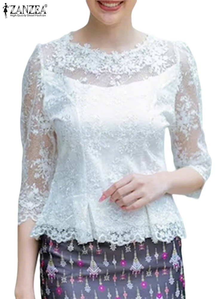 

ZANZEA Summer Lace Tops Vintage Hollow Out Floral Blusas Women Blouse 3/4 Sleeve O Neck Tunics 2025 Casual Transparent Pullover