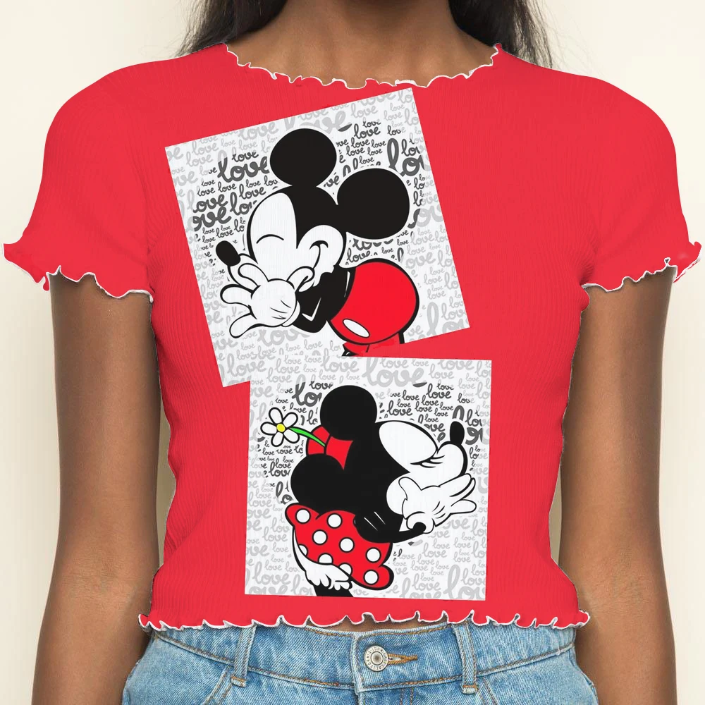 Crop Top T-shirt Short Sleeve Minnie Mouse Woman Clothing Summer Clothes Women 2024 T-shirts Mickey Tops Sexys Lettuce Trim Y2k