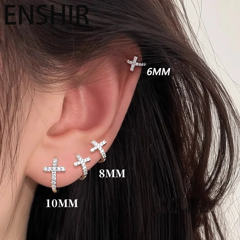 ENSHIR Full Zircon Cross Hoop Cartilage Earring for Women Elegant Versatile Temperament Niche Design Jewelry Gifts Wholesale