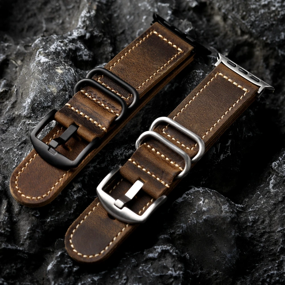 Handmade Genuine Leather For Apple Genuine Leather Watchband 49MM 45 44 42 s8/S7 Vintage Crazy Horse Leather Strap Thickened