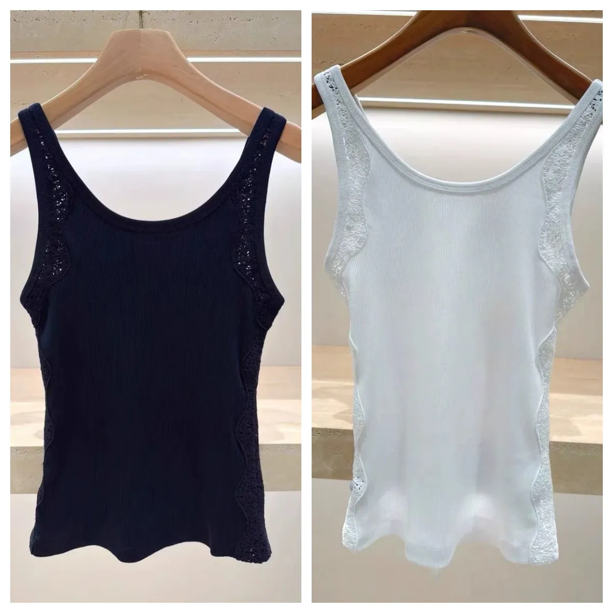 

2026 Spring/Summer Women's 2 Colors Lace Edge Pit Strip U Neck Slim Fit Tank Knitted Top