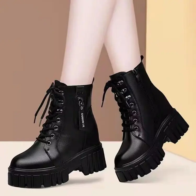 

Short boots for women 2026 new thick soled boots with increased height and plush British style short tube single cotton boots