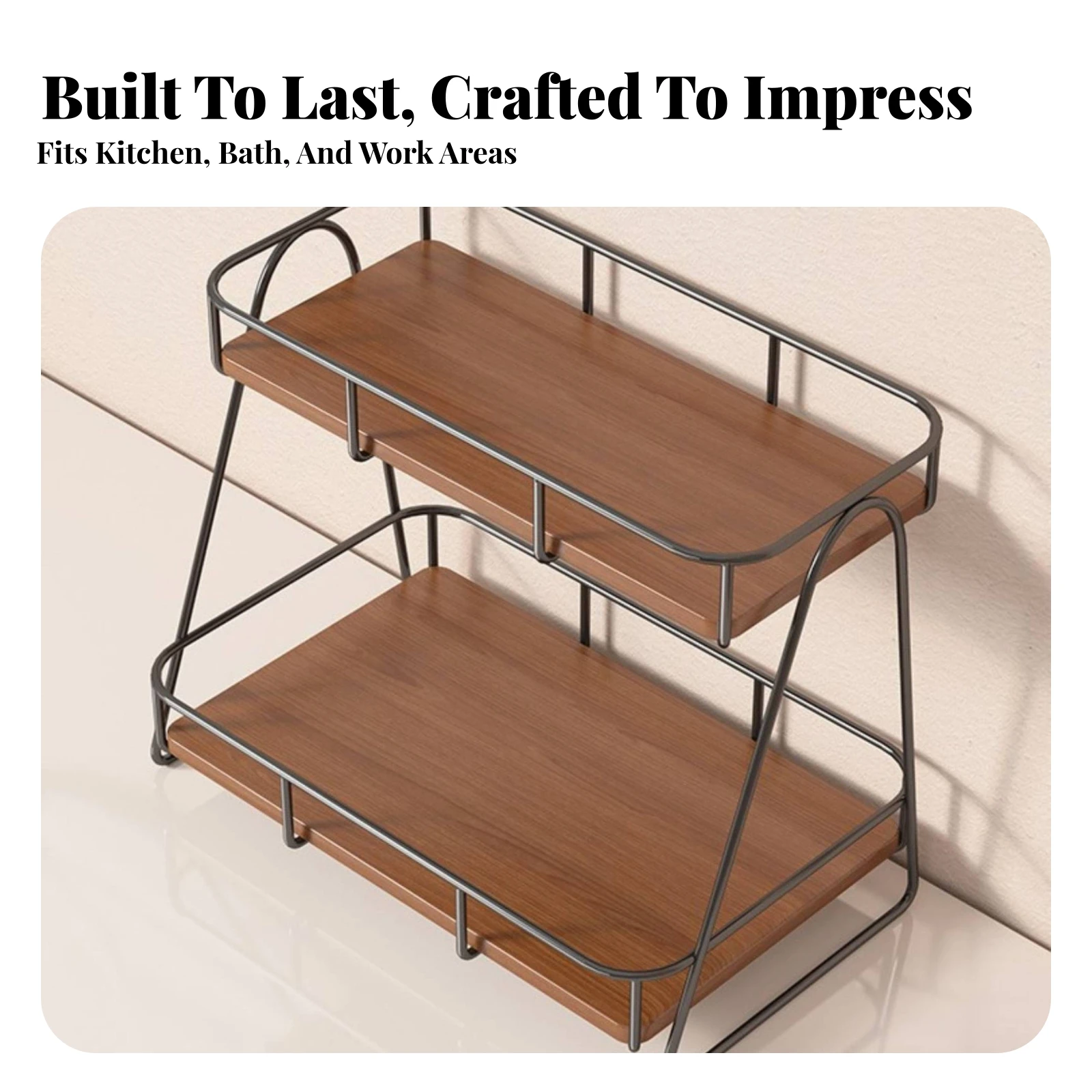 Two-Tier Desktop Storage Rack Movable Open-Frame Desktop Shelf with Guard Rails Freestanding Countertop Rack Space-Saving