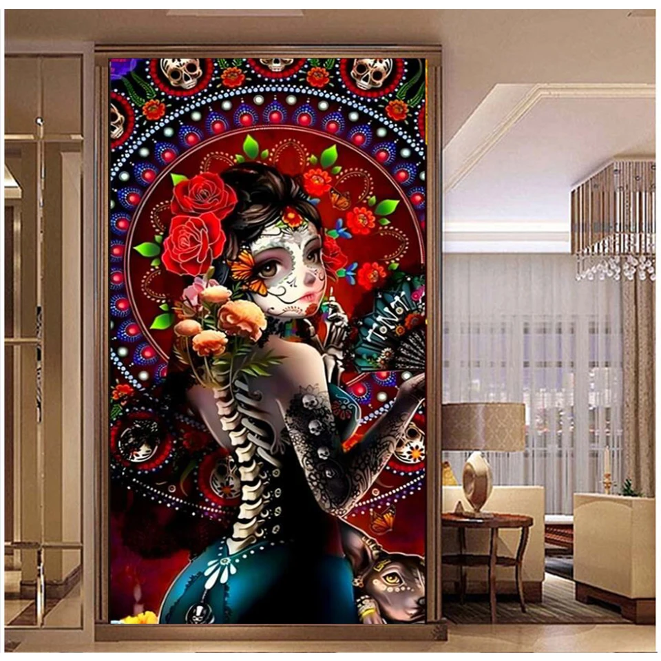 Large 5d Diy Diamond Painting Girl Skull Face Diamond Embroidery Mosaic Flower Woman Cross Stitch Home Decor Diamond Art A141