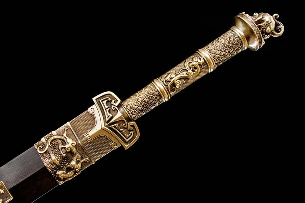 Exquisite Chinese Sword JIan Traditional Craftsmanship Forging Damascus Steel Blade Copper Brass Fittings Ebony Sheath Full Tang